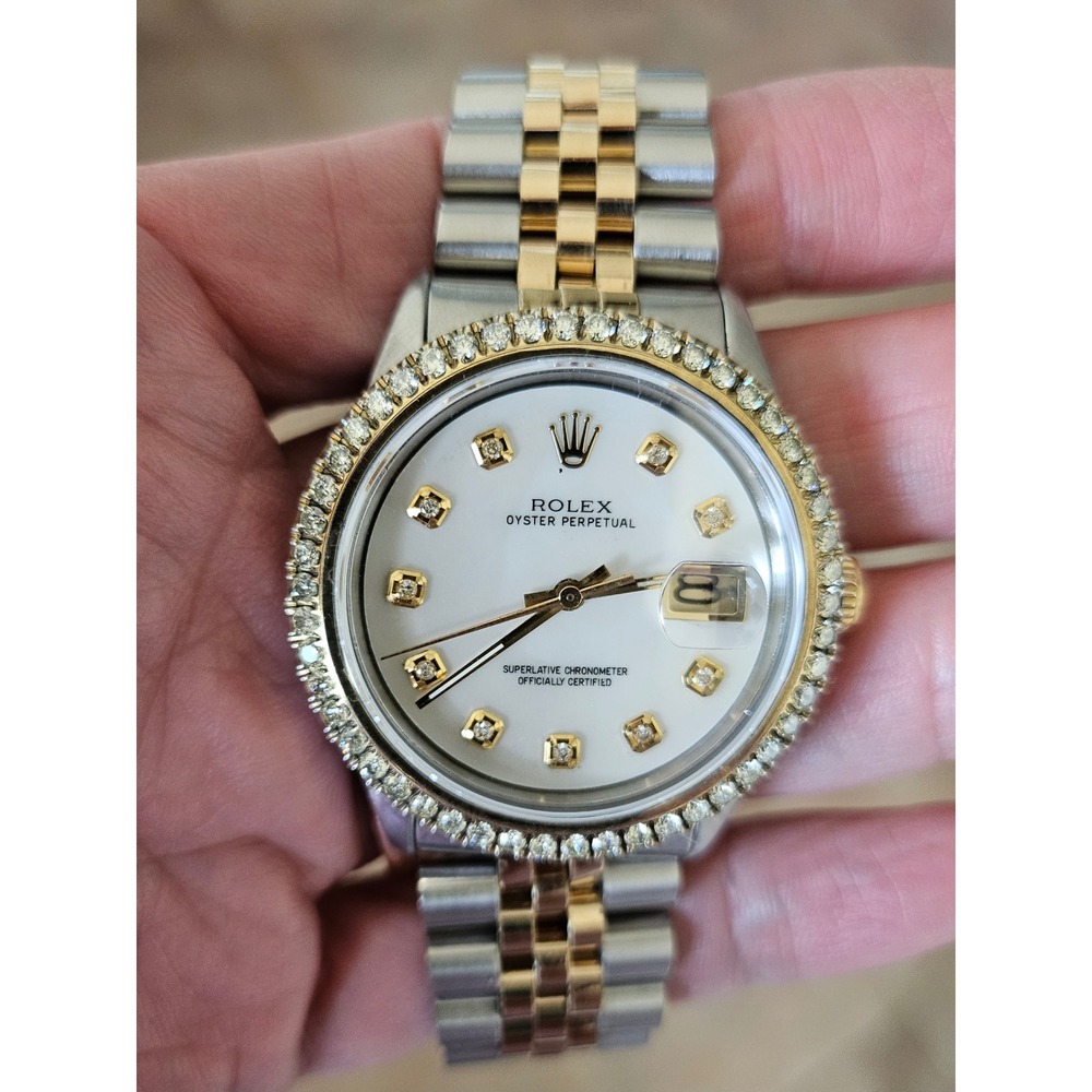 Rolex Oyster Perpetual Diamond Bezel Two Tone Gold Silver Watch